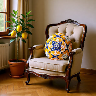 💛 💙 🤍 Vackblått och gult Azulejos Rund Kudde