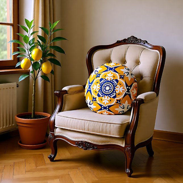 💛 💙 🤍 Vackblått och gult Azulejos Rund Kudde (Beautiful blue and yellow Azulejos Round Pillow)