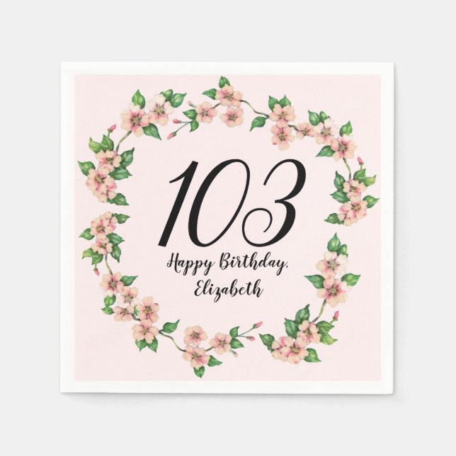 Vacker 103-års födelsedags rosafärgad blommig pappersservett (Framsidan)