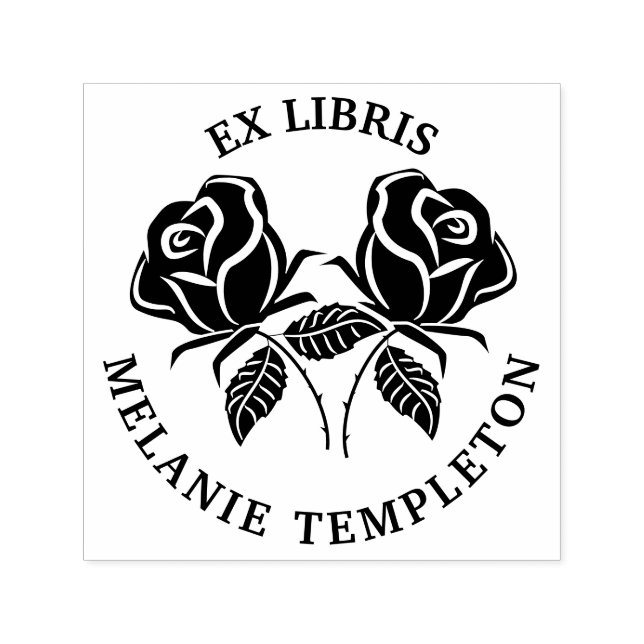 Vacker 2 Ros Silhuett Ex Libris Rund Bok Namn Självfärgande Stämpel (Design)