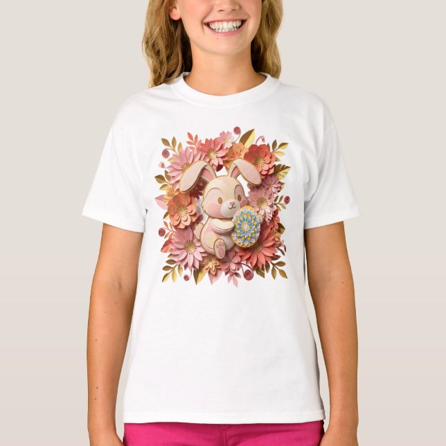 Vacker 3D påskhare i utskuret papper med blomsterk T Shirt (Framsida)