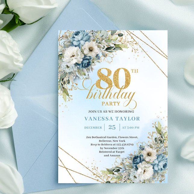 Vacker 80-års födelsedagsinbjudan Guld ram Blå Inbjudningar (Beautiful 80th Birthday Invitation Gold Frame Blue Flowers)
