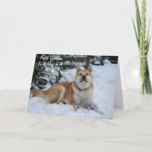 vacker akita hund som vilar i snö vän helgkort