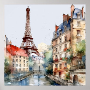 Vacker akvarell av Paris-resa Poster