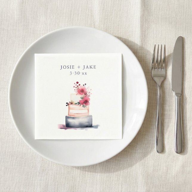 Vacker akvarell bröllopstårta pappersservett (Pretty watercolor wedding cake napkins.)