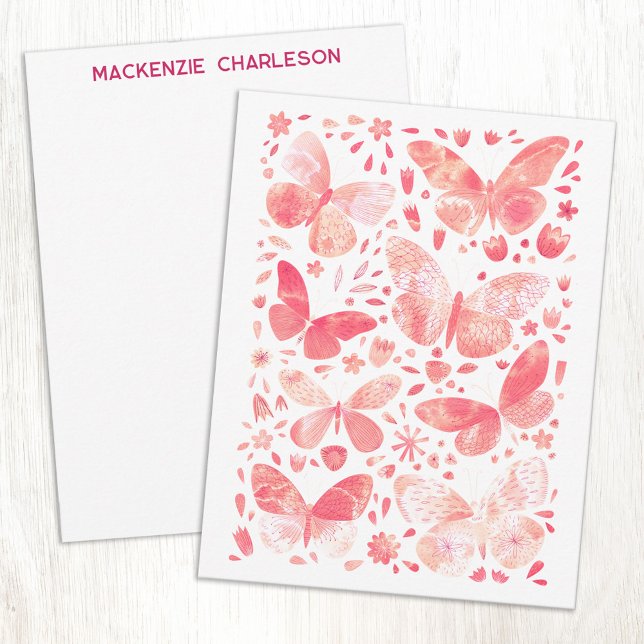 Vacker akvarell fjärilmönster korallrosa anteckningskort (Coral blush pink watercolor butterfly pattern personalized name or text notecards)