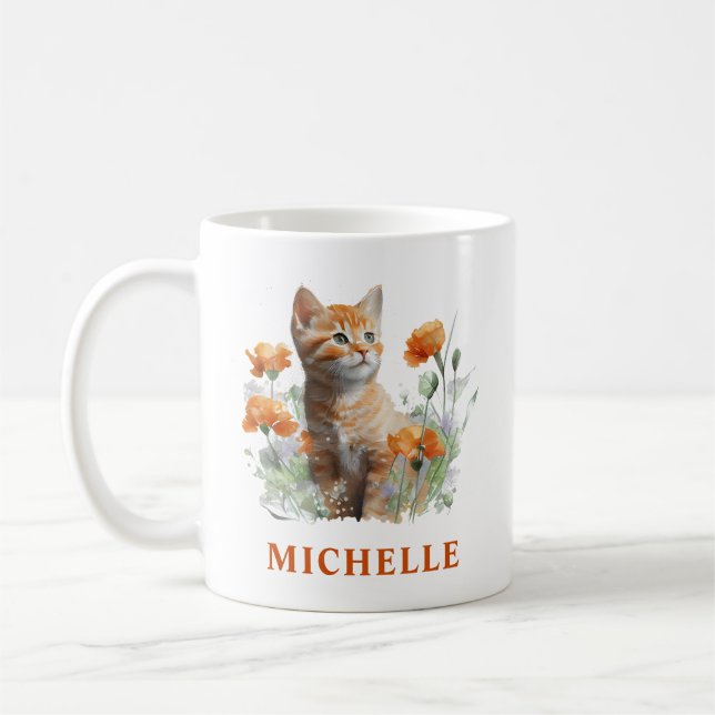 Vacker akvarell Ginger-kattunge och blommor Kaffemugg (Vänster)