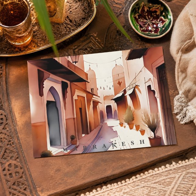 Vacker akvarell Marrakech Marocko gammal medina Vykort (Morocco's Marrakech Postcard. )