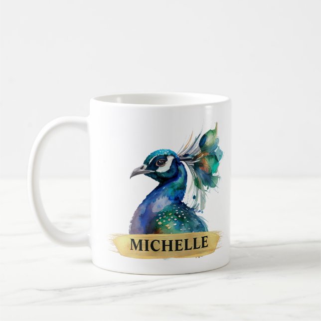Vacker akvarell påfågel och guld penseldrag kaffemugg (Vänster)