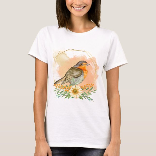 Vacker akvarell Robin och vilda blommor  T Shirt (Framsida)