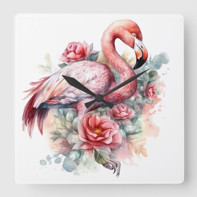 VACKER AKVARELL ROSA FLAMINGO MED BLOMMOR FYRKANTIG KLOCKA (Framsida)