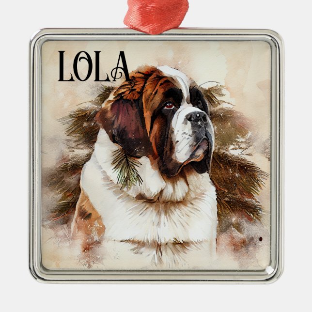 VACKER AKVARELL ST BERNARD HUND ANSIKTE JULGRANSPRYDNAD METALL (Framsidan)