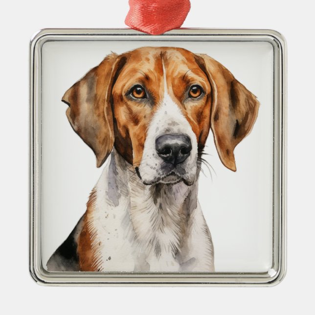 VACKER AKVARELL TRE FÄRGAD FOXHOUND HUND JULGRANSPRYDNAD METALL (Framsidan)