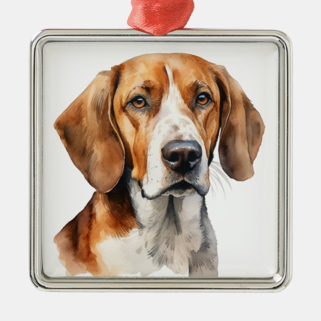 VACKER AKVARELL TRE FÄRGAD FOXHOUND HUND JULGRANSPRYDNAD METALL (Framsidan)