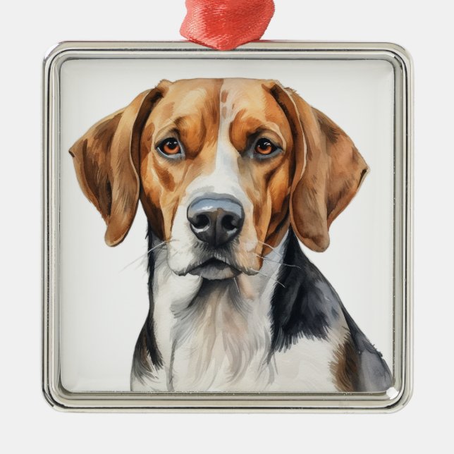 VACKER AKVARELL TRE FÄRGAD FOXHOUND HUND JULGRANSPRYDNAD METALL (Framsidan)