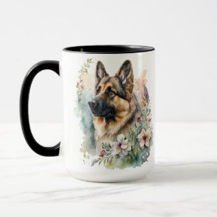 VACKER AKVARELL TYSK SCHÄFERHUND BLOMMOR MUGG