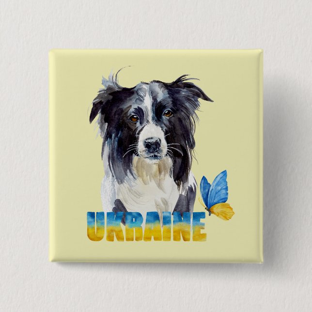 Vacker akvarell Ukraina Hund och Fjäril  Knapp (Framsida)