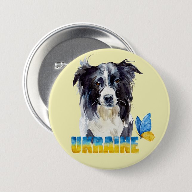 Vacker akvarell Ukraina Hund och Fjäril  Knapp (Framsida & baksida)