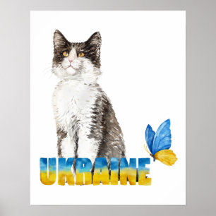 Vacker akvarell Ukraina Katt och Fjäril Poster