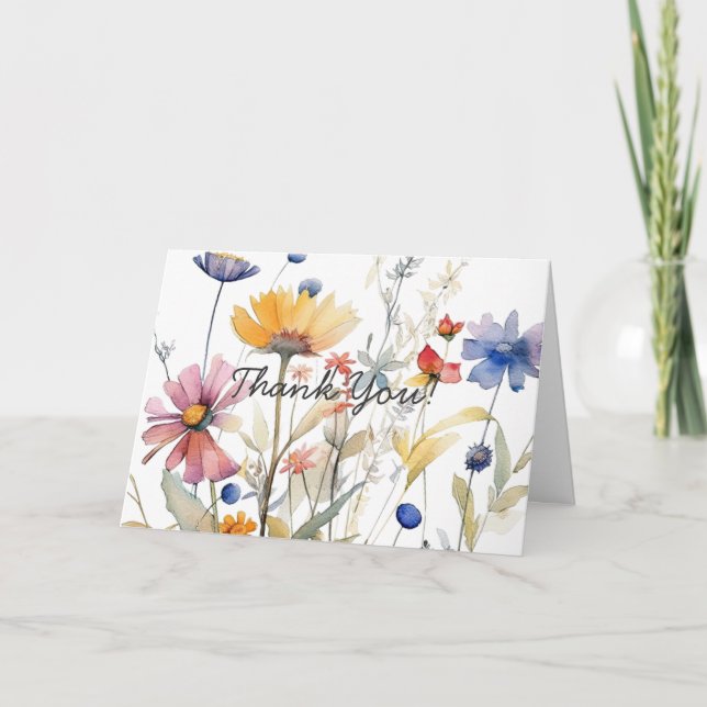 Vacker akvarell vildblomma förlossningsfest tack kort (Framsida)
