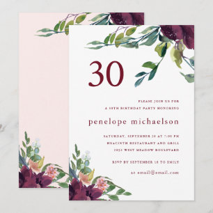 Vacker akvarellblomma 30-årsdag inbjudningar