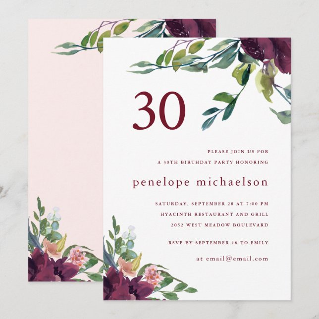 Vacker akvarellblomma 30-årsdag inbjudningar (Fram/baksida)