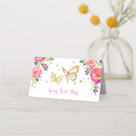 Vacker akvarellblomma rosa guld fjäril placeringskort