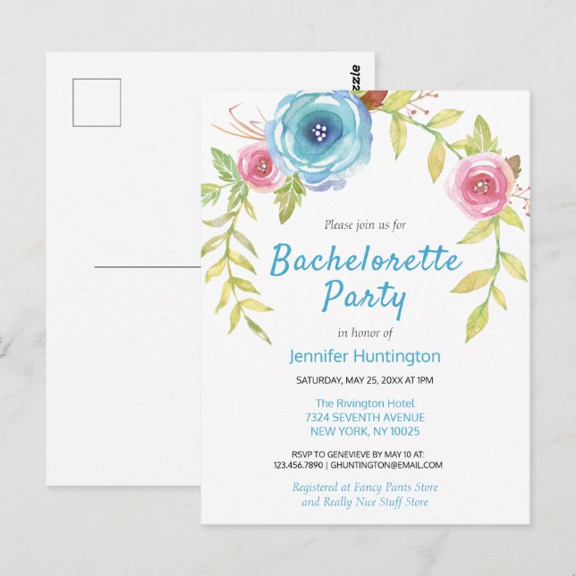 Vacker akvarellblommig bröllopsfestinbjudan vykort (Fram/baksida)