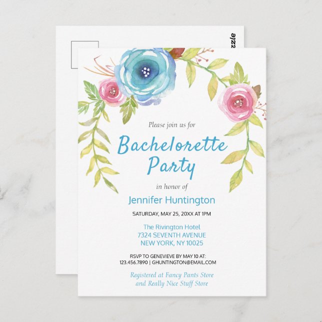 Vacker akvarellblommig inbjudan till möhippa (Fram/baksida)