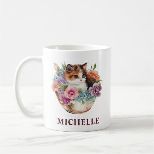 Vacker akvarellbrokig katt och blommor kaffemugg