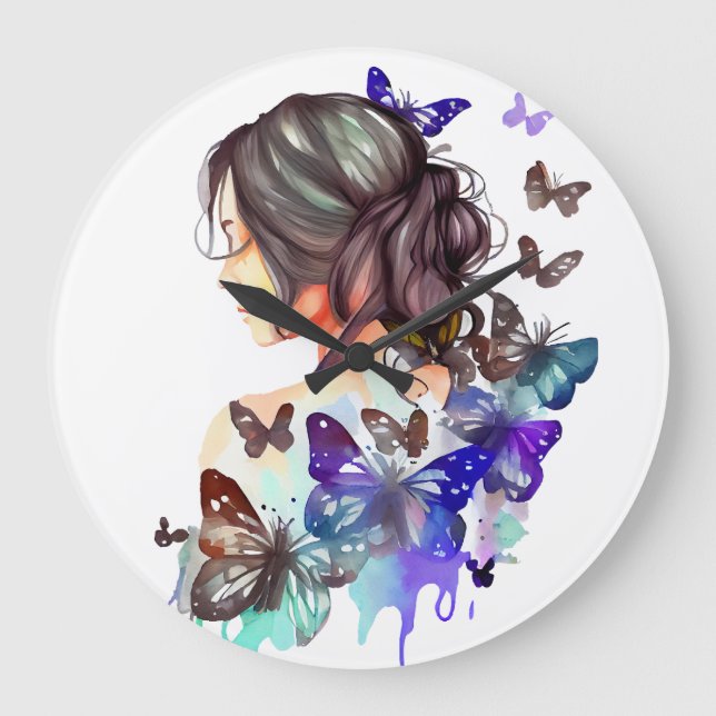 VACKER AKVARELLKVINNA MED FJÄRILAR STOR KLOCKA (Framsida)