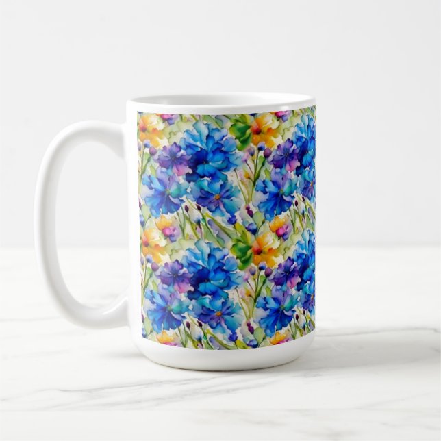Vacker akvarellmugg blå blomsterkonst  kaffemugg (Vänster)