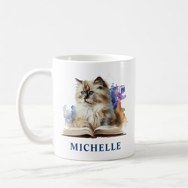 Vacker akvarellragdollkatt och blå blommor kaffemugg (Vänster)