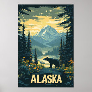 Vacker Alaska Bear Vintage Illustration Travel Poster