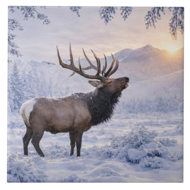 Vacker älg i snökonst kakelplatta (Framsidan)
