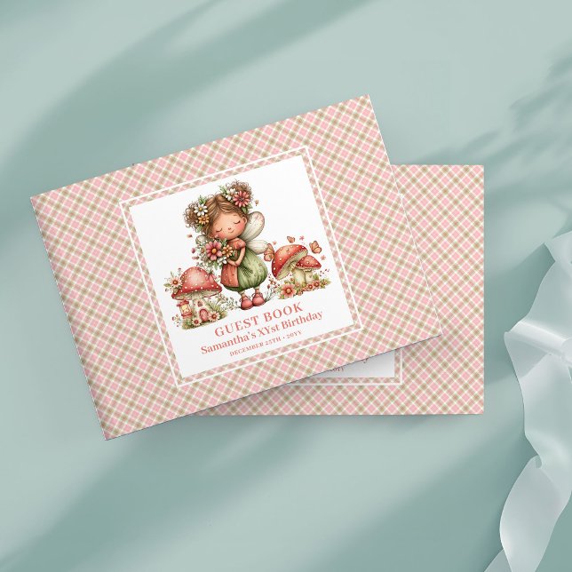 Vacker älv rosa blommig flicka födelsedags gästbok (Lovely Fairy Pink Floral Girl Birthday Guest Book)