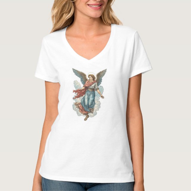 Vacker ängel Kvinnors kristna V-ringad t-shirt (Framsida)