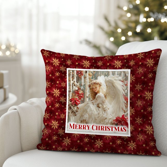 Vacker ängel Poinsettia Röd Guld Högtid Jul Kudde (Lovely Angel Poinsettia Red Gold Holiday Christmas Pillow

)