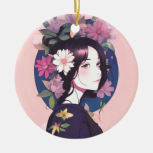 Vacker Anime Girl Crowed med blommor Julgransprydnad Keramik
