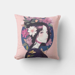 Vacker Anime Girl Crowed med blommor Kudde