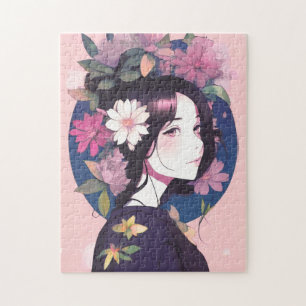 Vacker Anime Girl Crowed med blommor Pussel