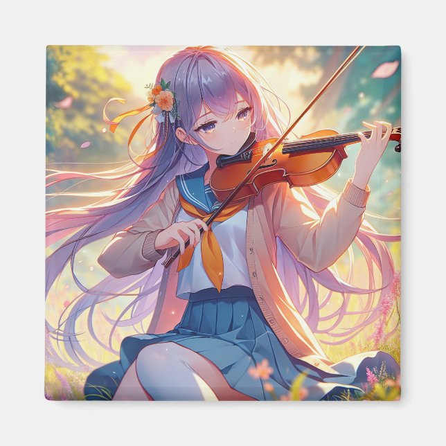 Vacker Anime Girl spelar violin Magnet (Framsidan)