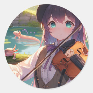 Vacker Anime Girl spelar violin Runt Klistermärke