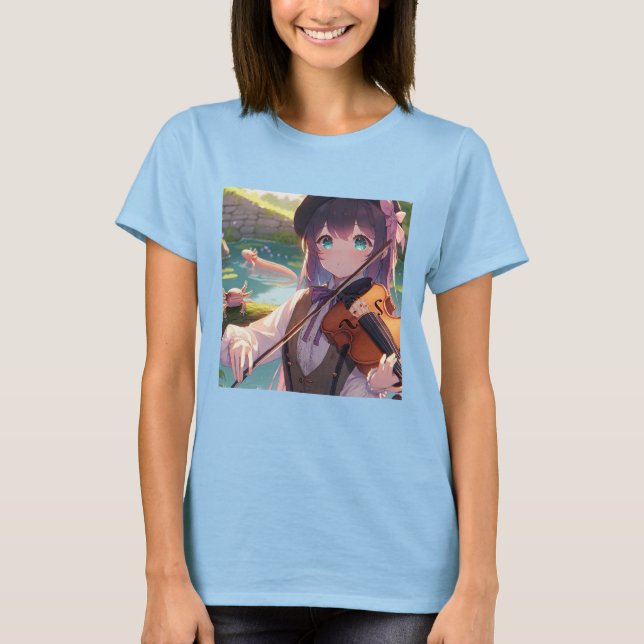 Vacker Anime Girl spelar violin T Shirt (Framsida)