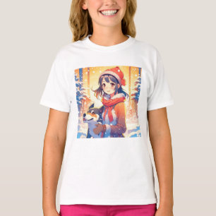 Vacker Anime Tjej med Husky Hund Jul T Shirt
