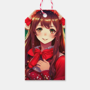 Vacker Animeflicka i festlig röd jul Presentetikett