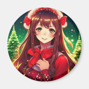 Vacker Animeflicka i festlig röd juldräkt Magnet