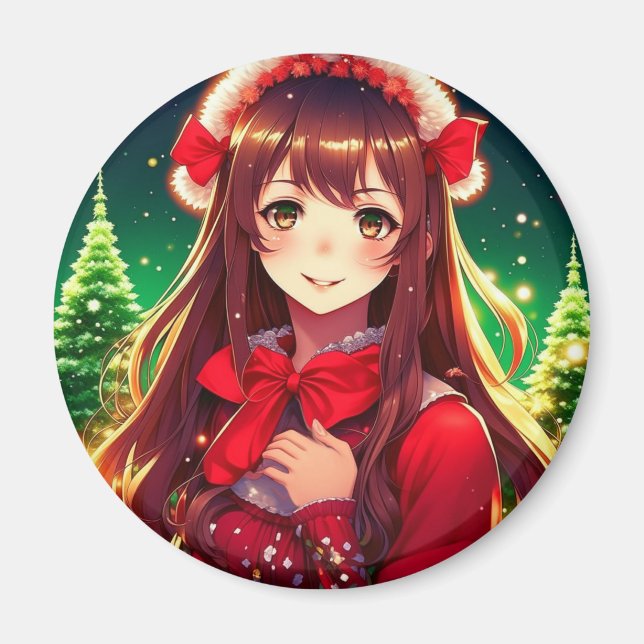 Vacker Animeflicka i festlig röd juldräkt Magnet (Framsidan)