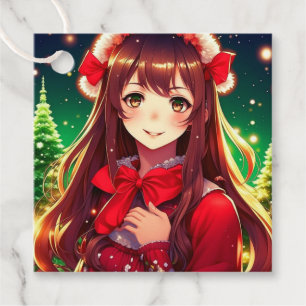 Vacker Animeflicka i festlig röd julstämning Gåvor Etiketter