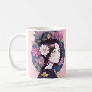 Vacker Animeflicka Krönt med Blommor Kaffemugg